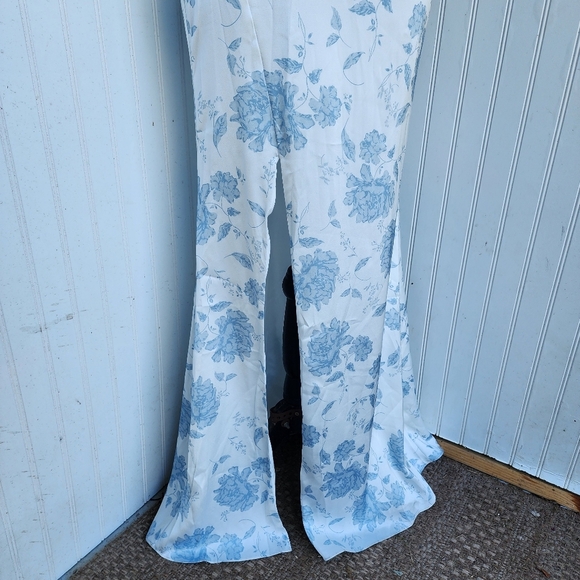 NWOT AW BRIDAL Dusty Blue White Peonies Satin Floral Mermaid Puff Sleeve Sz 0 - Picture 7 of 16